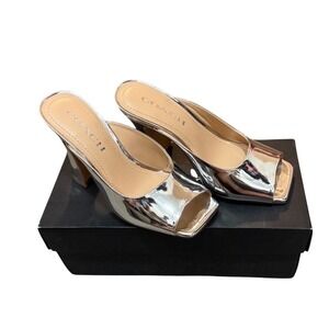 Coach Laurence Silver Metallic‎ Leather Mule Sandals Peep Toe Block Heel 5B